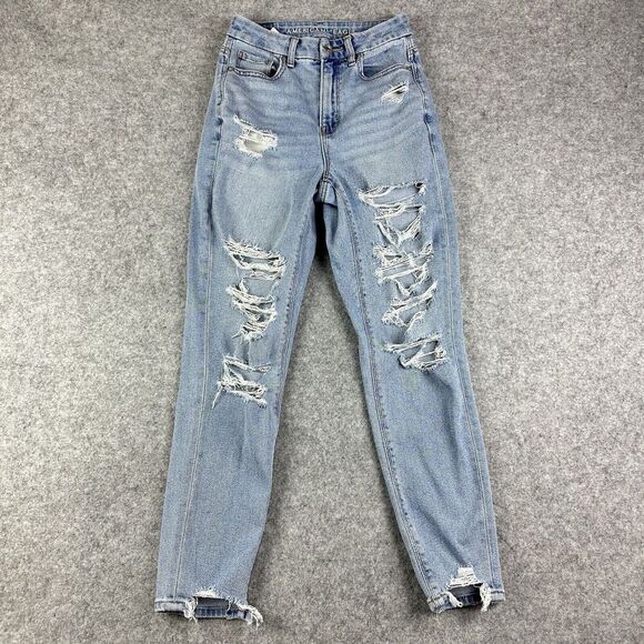 American Eagle Curvy Mom Jeans Womens 00R Med Wash Shark Bite Hem Stretch Denim - Picture 1 of 16